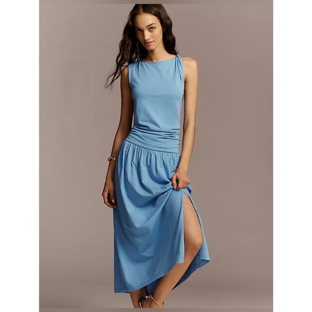 Nation LTD Cleo Midi Dress Pima Cotton Ruched Drop Waist Sleeveless Women’s M